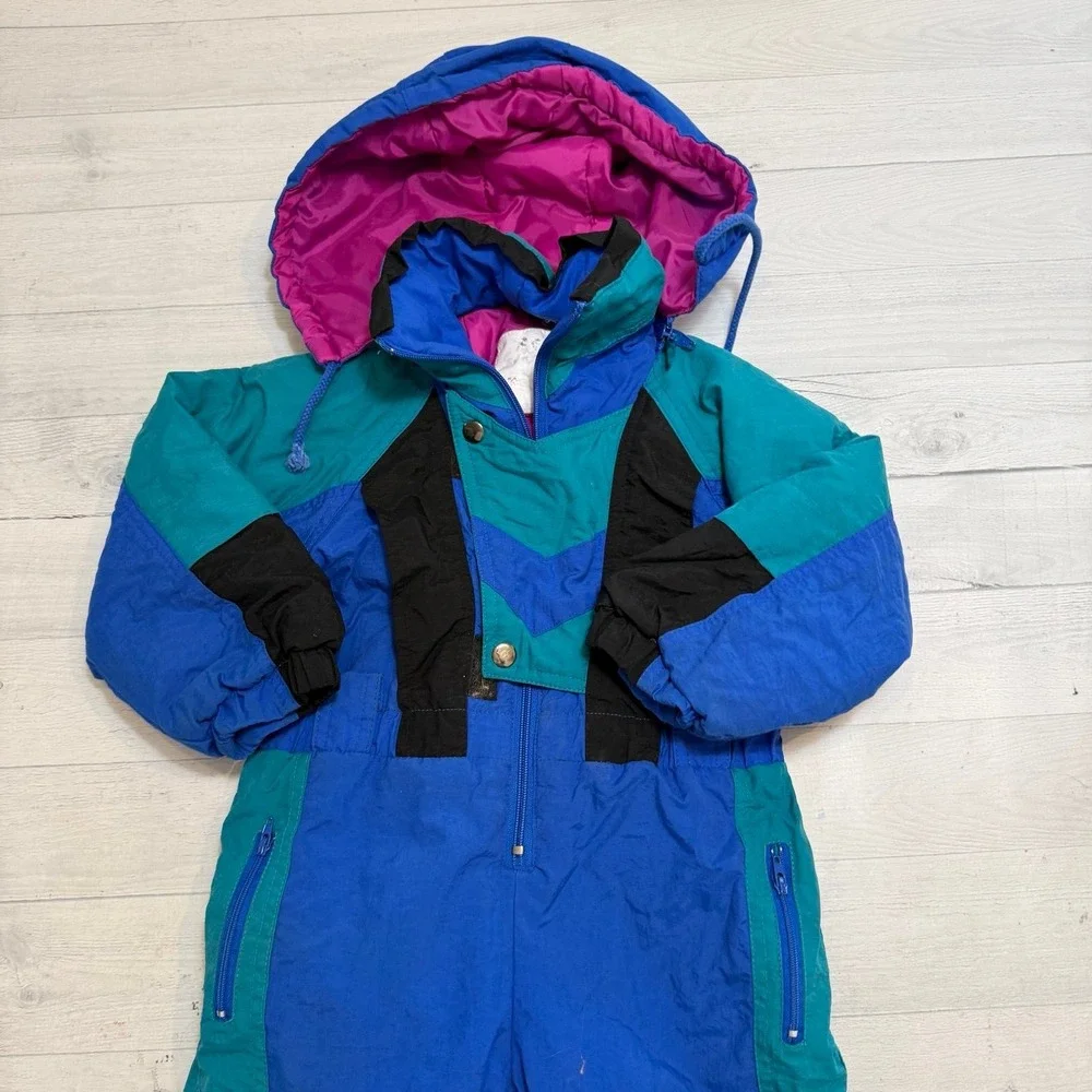 Vintage 90s Girls‎ one piece snowsuit winter ski blue teal pink size 3T